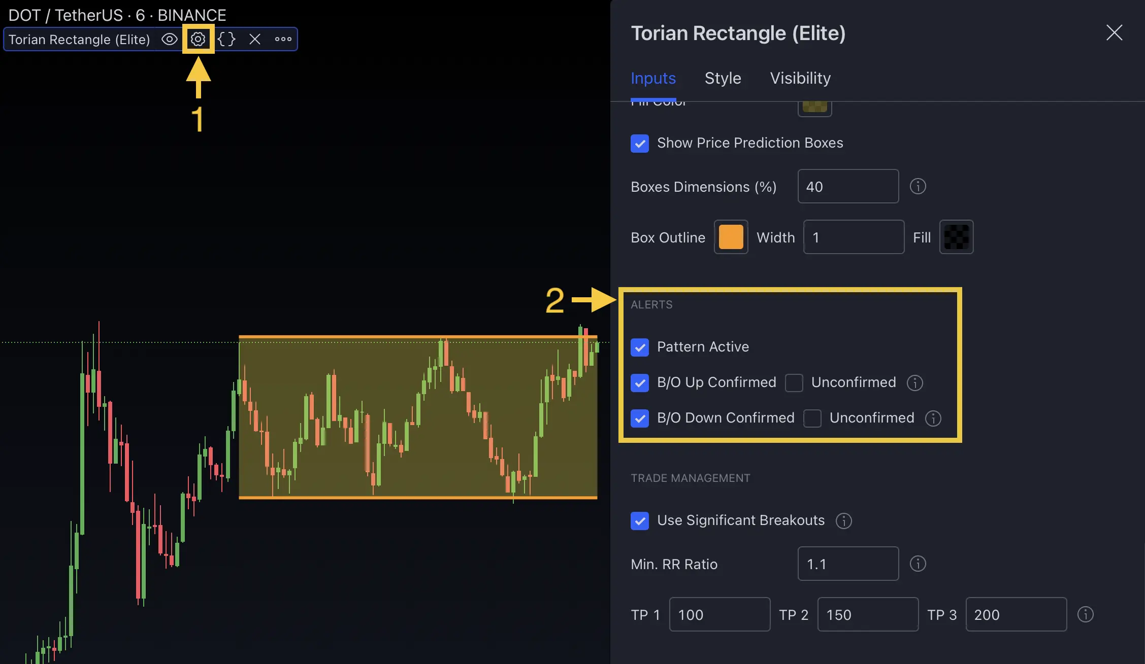 Alert configuration in indicator settings