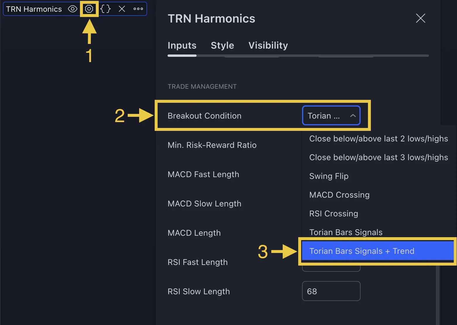 Harmonic Patterns breakout conditions configuration interface