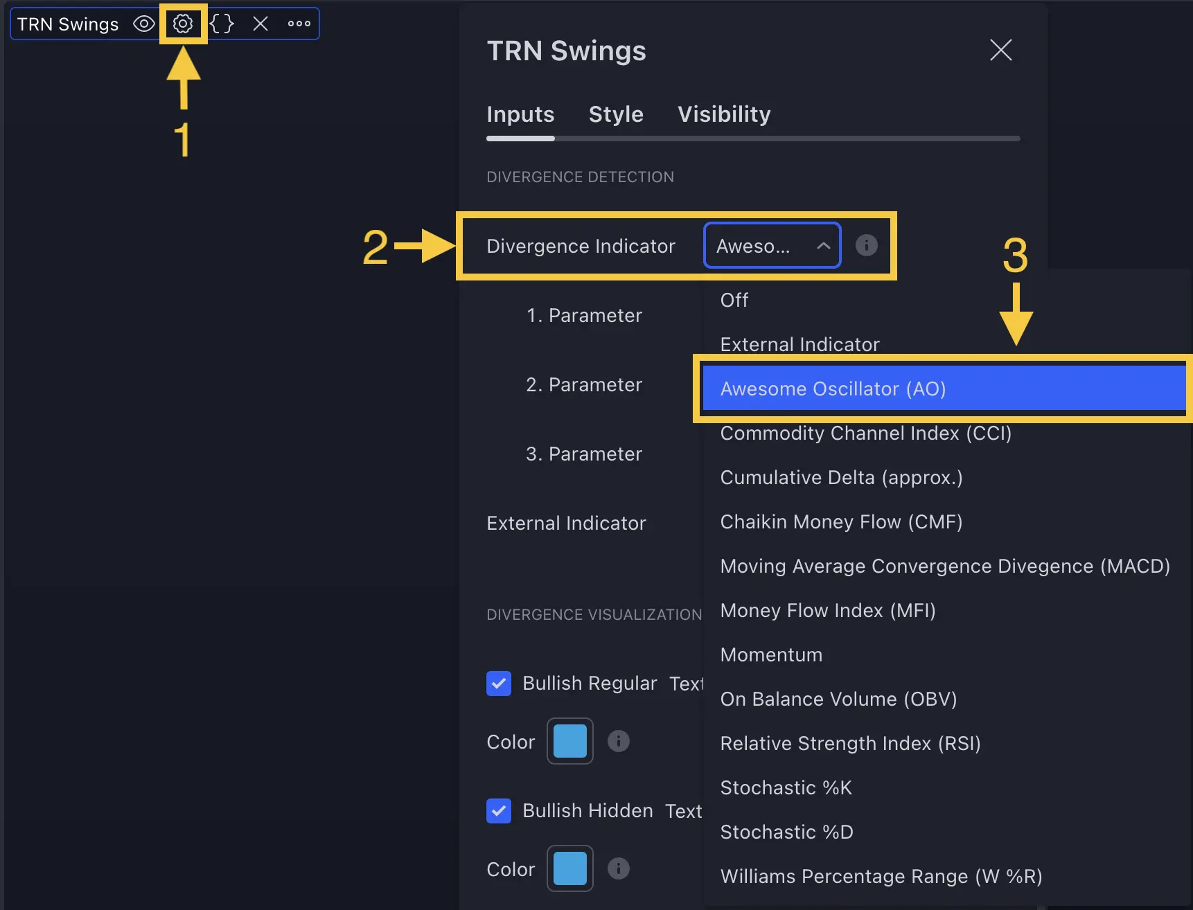 TRN Swing Suite oscillator indicator selection showing available built-in oscillators