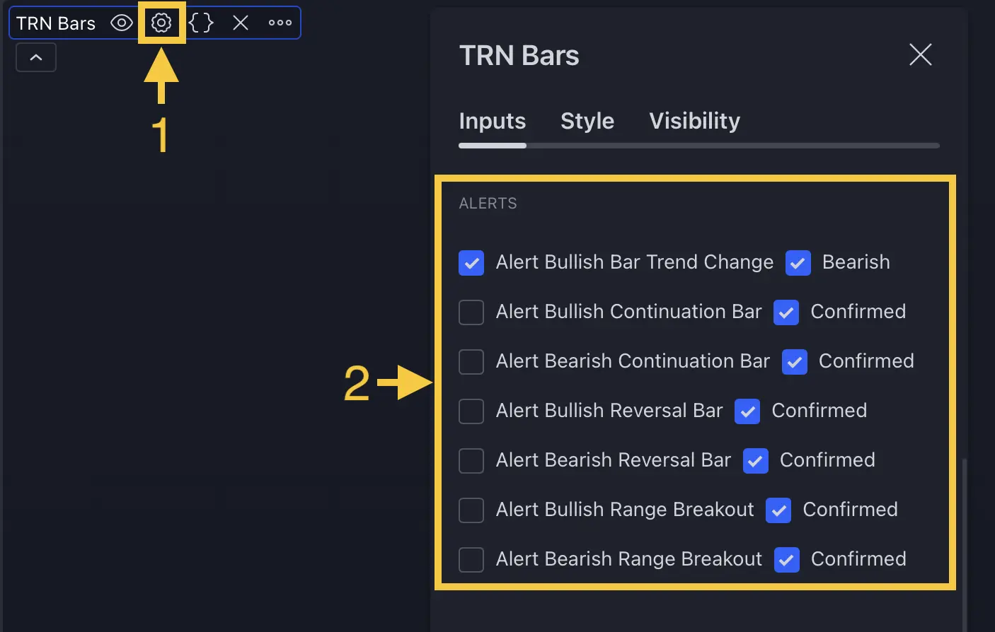 Trend Bars Pro alert type selection panel
