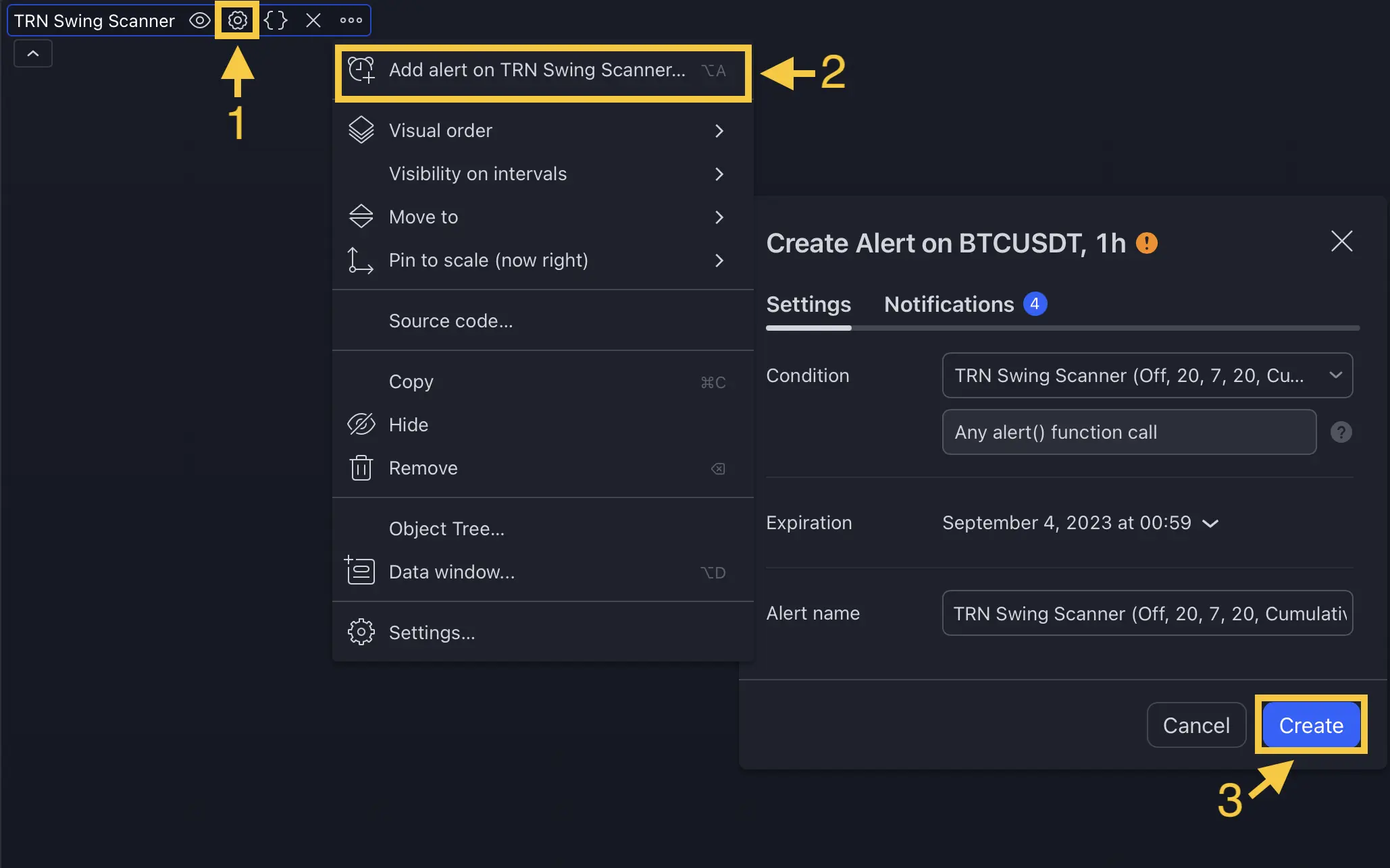 Step-by-step alert creation process for the Trend and Reversal Scanner in TradingView