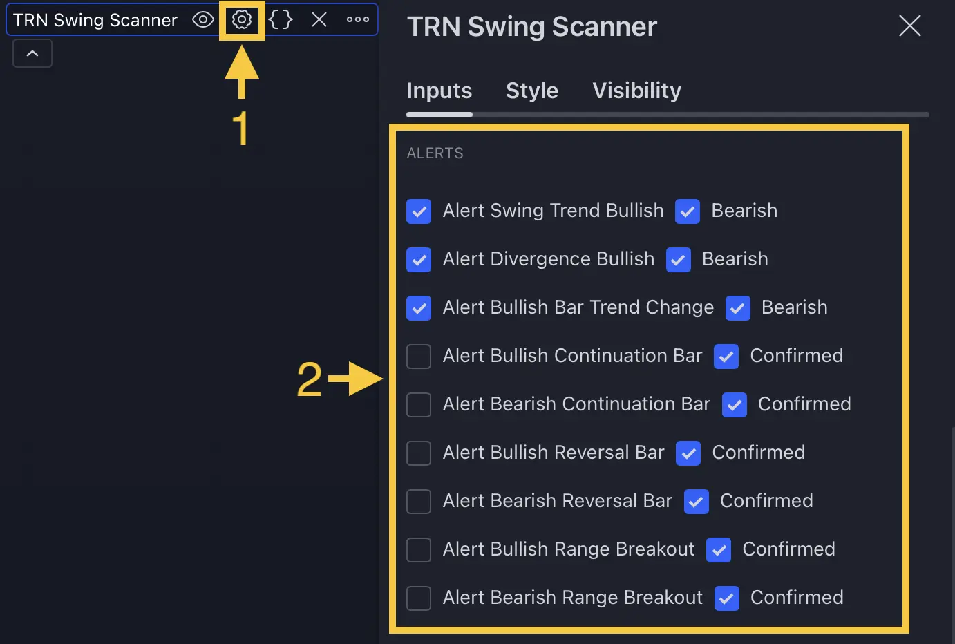 Trend and Reversal Scanner alert settings panel showing Confirmed and In-Progress categories