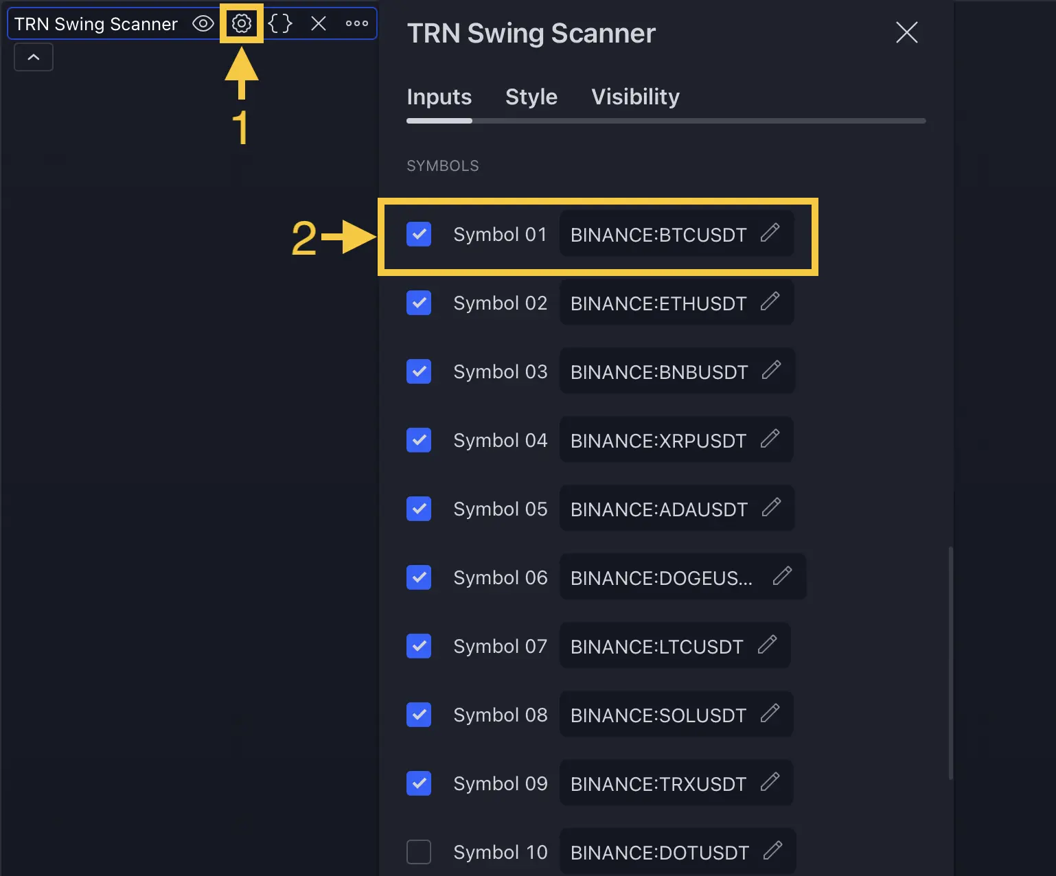 Trend and Reversal Scanner symbol configuration panel showing 20 configurable symbol slots